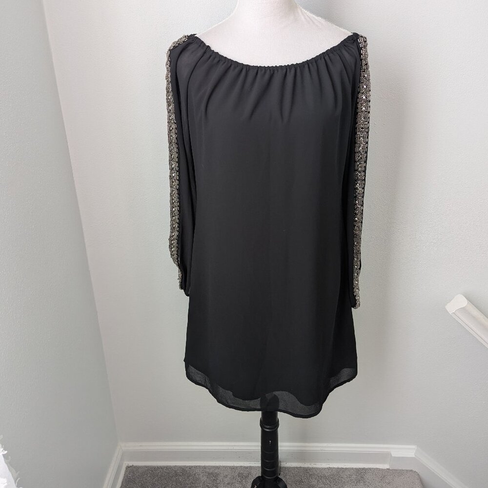 Union of Angels Off The Shoulder Beaded Long Sleeve Black Dress, Medium
